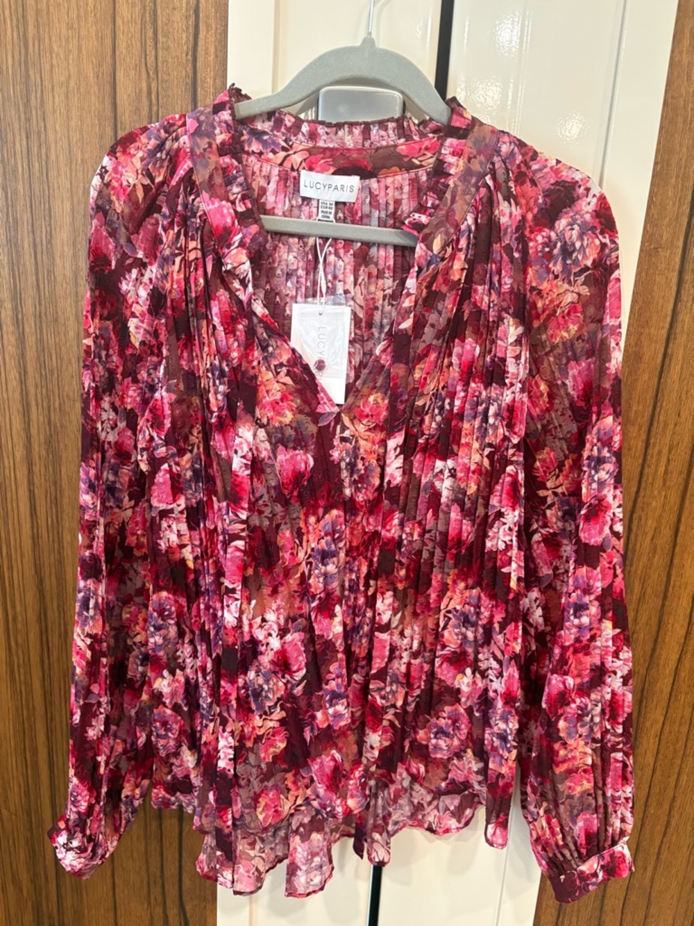 Lucy Paris Red and Pink Floral Pleated V-Neck Blouse
